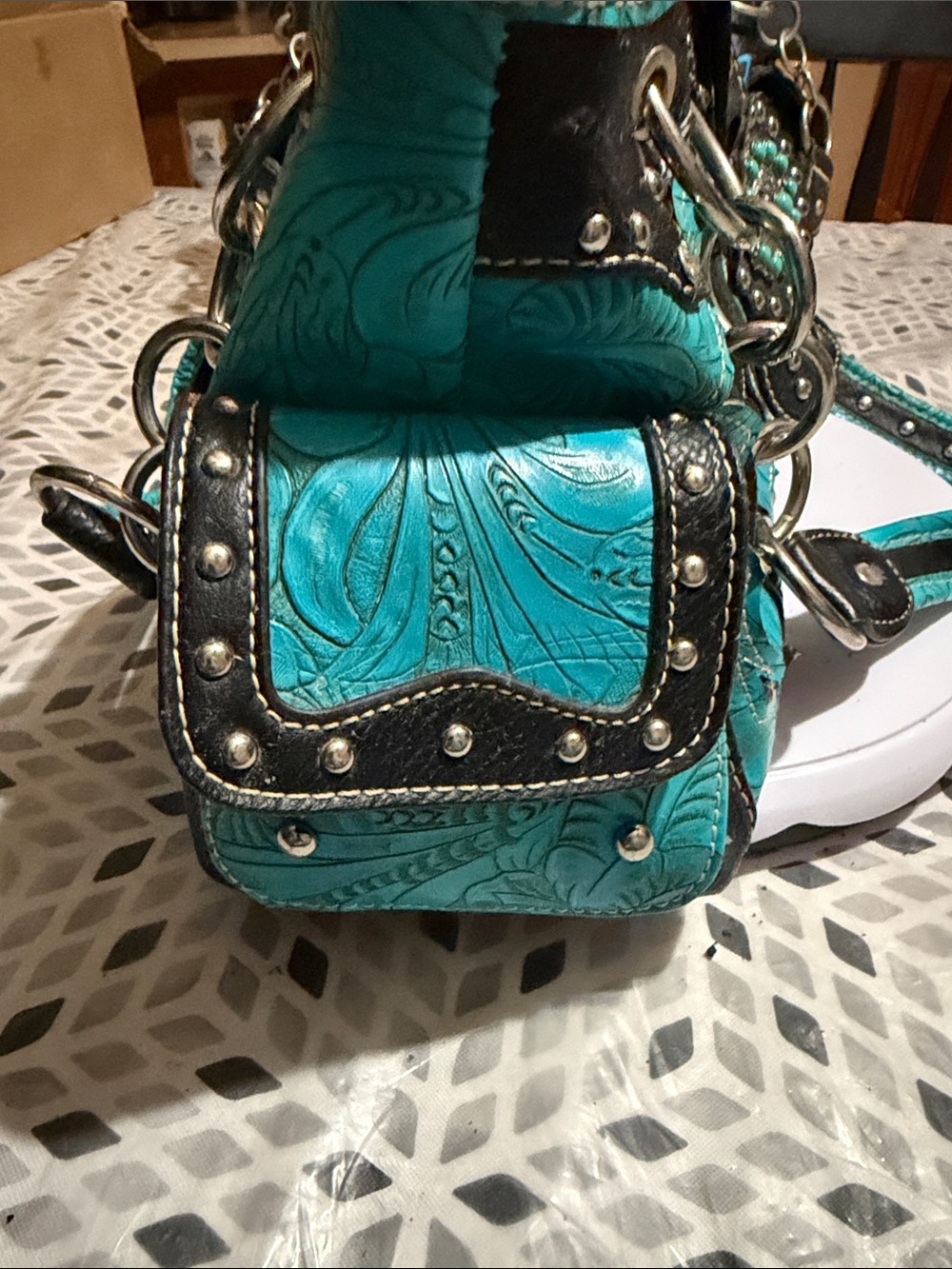 Mountain West Turquoise and Black Western Studded Tote Bag - Picture 6 of 7